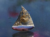 384 - BROOCH | Opal Sail, stainless steel, gold, boulder opal, diamonds, Ocean / Gem Art
