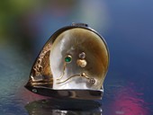 385 - BROOCH | Sailing Fish, stainless steel gold, orient pearl shell, emerald, diamonds, Ocean Art