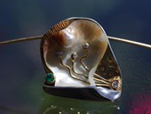 386 - PENDANT | Stormy Ride, stanless steel, gold, orient pear shell, emerald, diamonds, Ocean Art
