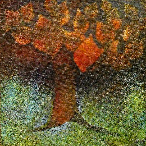 13 Life Tree, Enamel Painting, 145x145mm by Ute Achenbach-Peters 1984