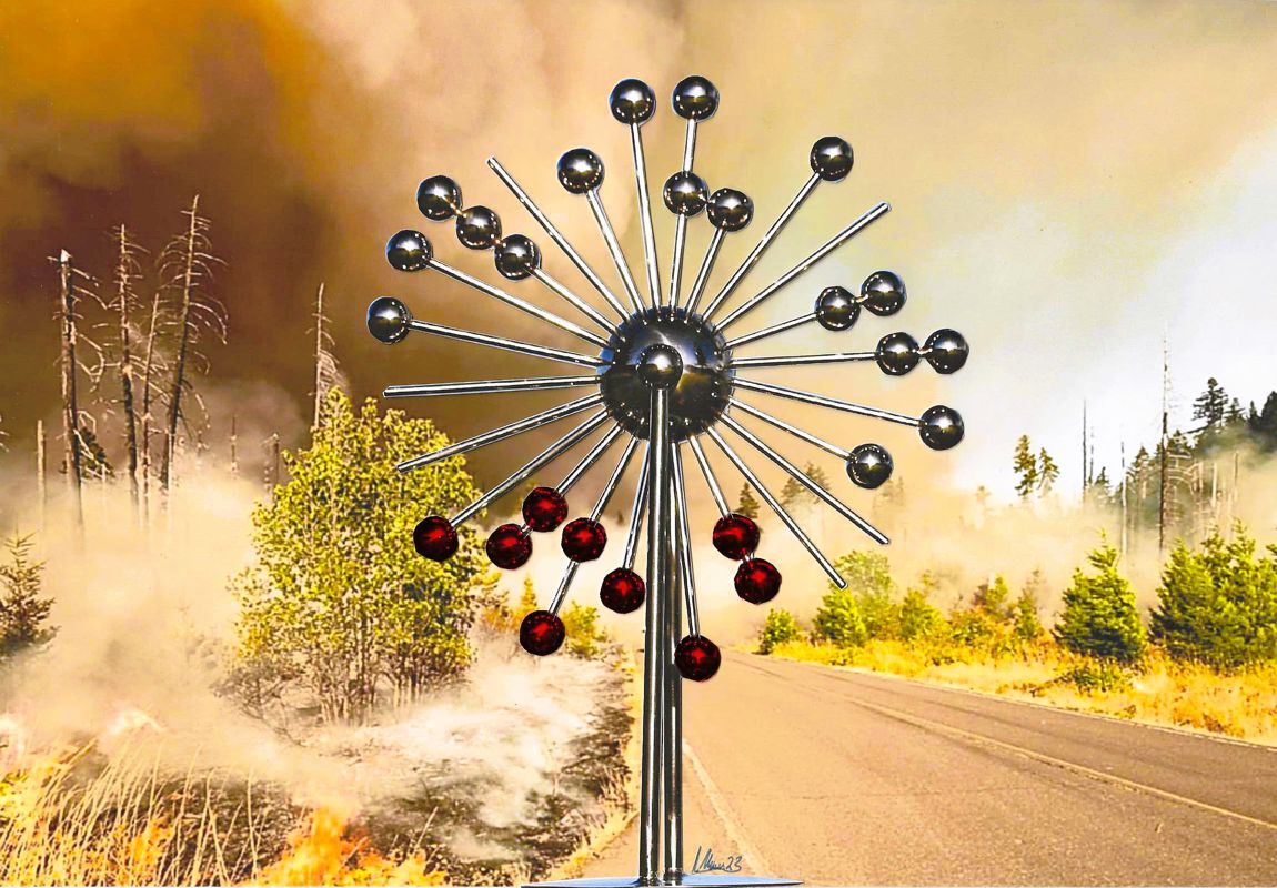 Kinetic Sky Sculpture CLIMATE SOS and the Forest Fires by Hans-Leo Peters 2023