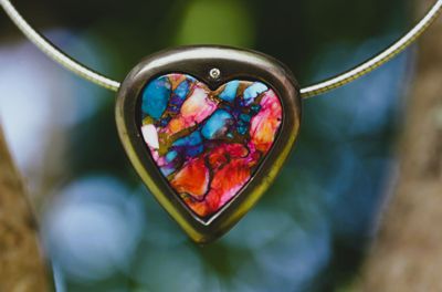 138 pendant, Vivid Heart, silver, stainless steel, diamond, Mohave Turquoise, Gem Art
